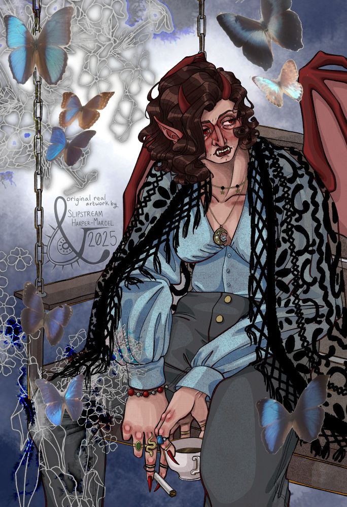 A digital half body illustration of a white vampire woman sitting on a porch swing with floral linework and collaged butterflies around her