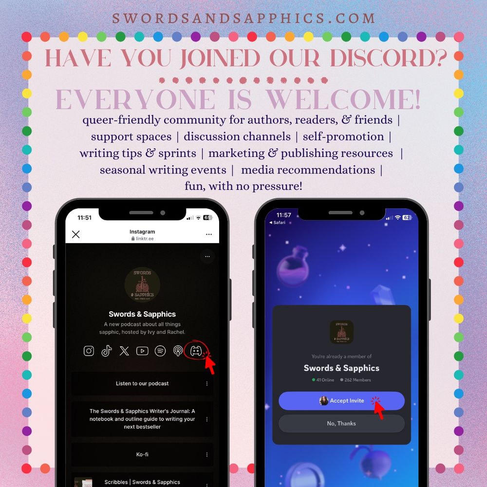 A graphic with the text of this post, displaying two phones with images of 1. Our linktree where you will find our Discord link on the right side below our bio and 2. How it looks when you click on said link to get the invite, where you press blue button reading accept invite to join 