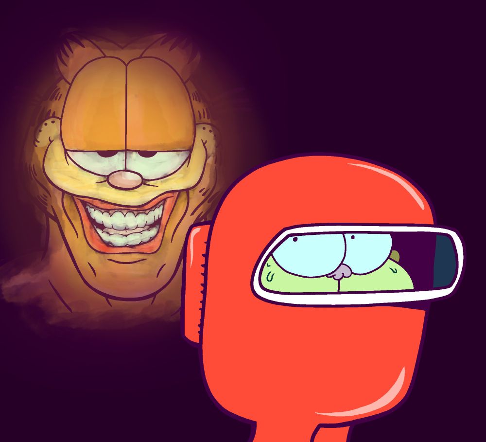 A drawing I made of Gaturro from the infamous comic strip of the same name (known for lots of plagiarism) in the infamous Among Us crewmate uniform from one of the comic strips of it. Behind him is a distorted version of Garfield, emerging from the darkness. Garfield's face is drawn to resemble the distorted Jerma985 smile, known for being in the "When the imposter is sus!" meme.