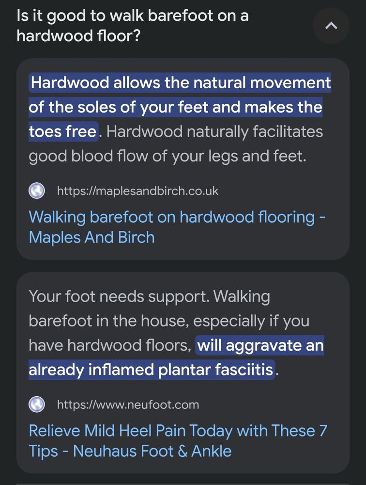 A google search for "is it good to walk barefoot on a hardwood floor?" Results in contradictory answers, maplesandbirch.co.uk says yes. Neufoot.com says no.

I am left without a satisfying answer.