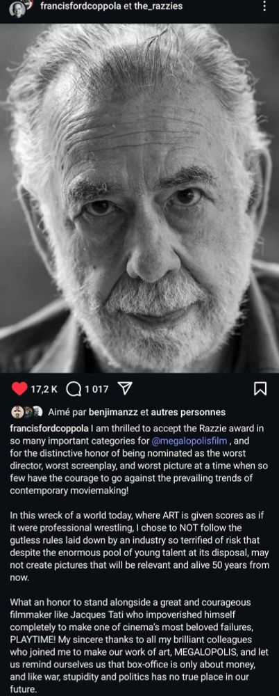 A screenshot of Francis Ford Coppola's instagram where he accepts a Razzie award for Megalopolis, citing it as brave outsider art and not self-indulgent trash.