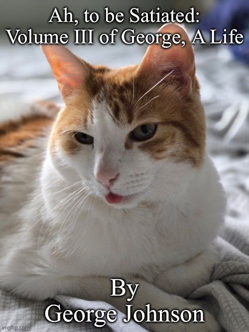 An orange and white cat having just finished dinner, as the cover of a fake biography. The book is titled “ah, to be satiated: Volume III of George: A Life,” by “George Johnson”