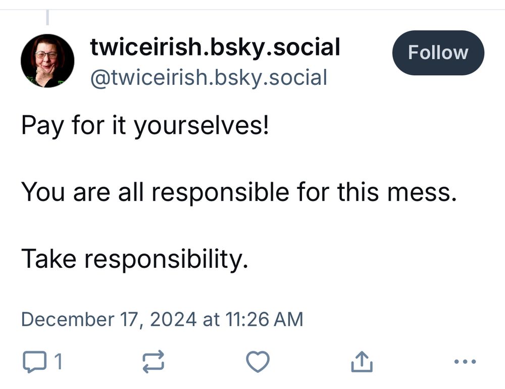 Post by twiceirish.bsky.social on pundits:
“Pay for it yourselves!
You are all responsible for this mess.
Take responsibility.”