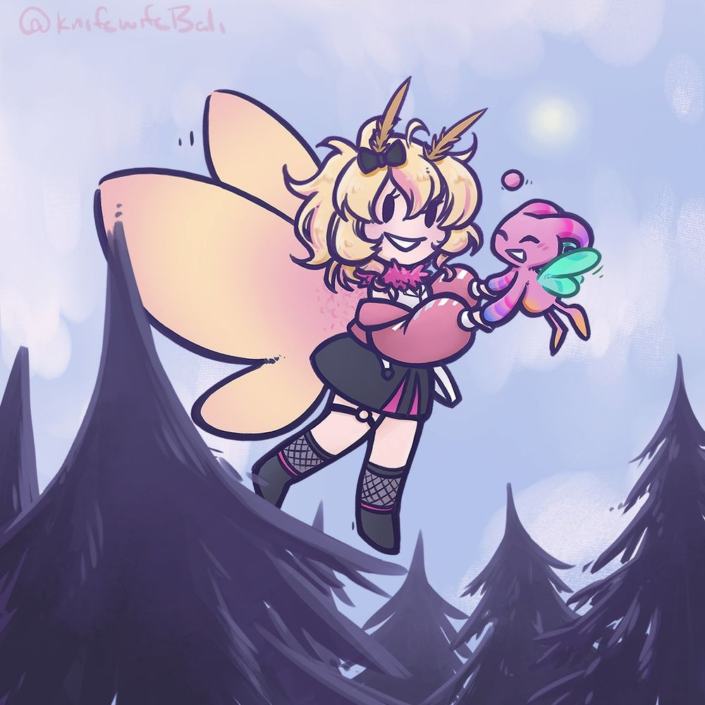 Maple floats among tree tops, holding hands with a colorful chao.