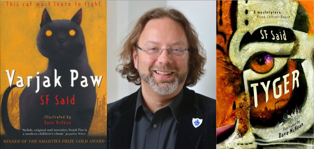 Author SF Said with covers of his books Varjak Paw and Tyger