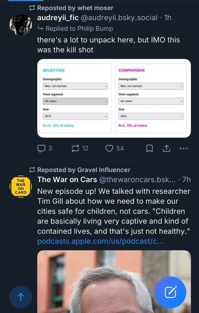 Two posts:

audreyii_fic @audreyii.bsky.social • 1h
Replied to Philip Bump
there's a lot to unpack here, but IMO this was the kill shot
SELECTION
Demographic

Men, not married

Voter segment

All voters
Year

2016

D+15, 19% of voters

COMPARISON

Demographic

Men, not married

Voter segment

All voters

Year

2024



R+3, 19% of voters

THE WAR ON CARS
≥ Reposted by Gravel Influencer
The War on Cars @thewaroncars.bsky
New episode up! We talked with researcher Tim Gill about how we need to make our cities safe for children, not cars. "Children are basically living very captive and kind of contained lives, and that's just not healthy."