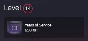 A screenshot of my Steam profile, displaying that I'm level 14 and showcasing my Years of Service badge, which is at stage 13 and provides 650 XP