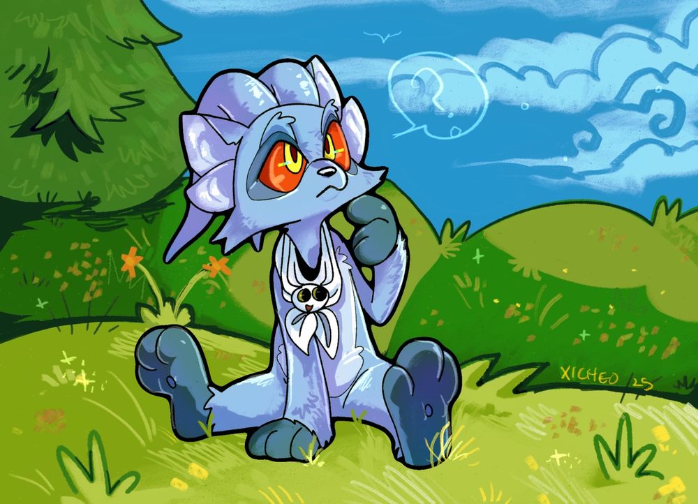 Anthro acara sits in a grassy hill area and ponders when they will eat again.