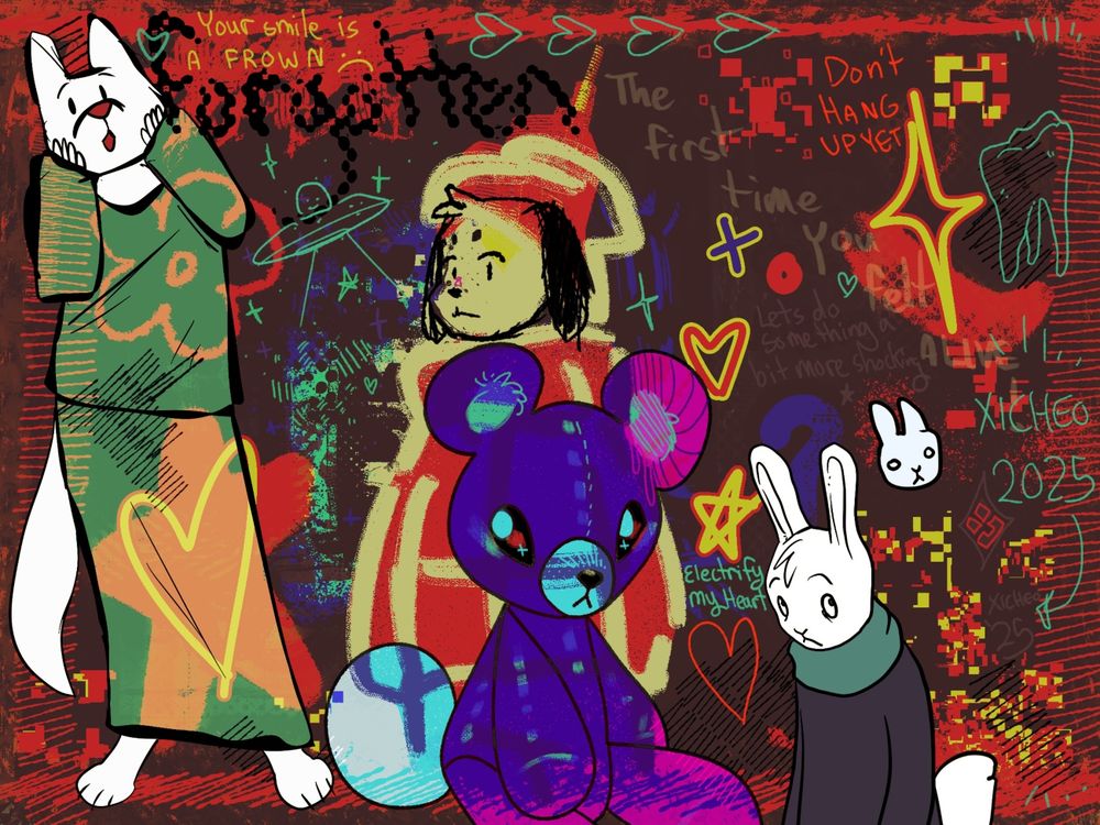 Several doodles of anthro creatures overlapping. Various song lyrics are written as well. It is a mess.