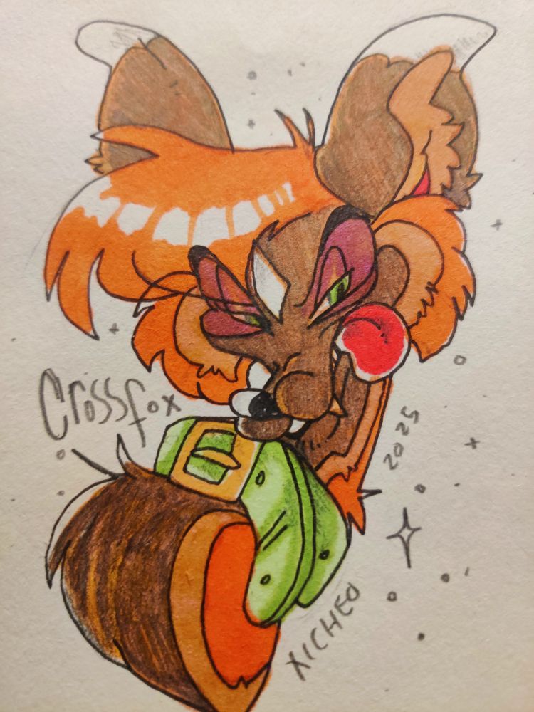 Bust of Cross fox with a silly, sly expression drawn with alcohol markers and pencil.