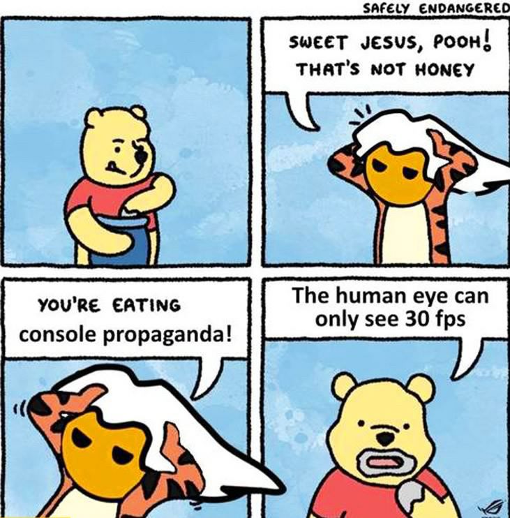 SWEET JESUS, POOH!
THAT'S NOT HONEY
YOU'RE EATING
console propaganda!

"The human eye can only see 30 fps"