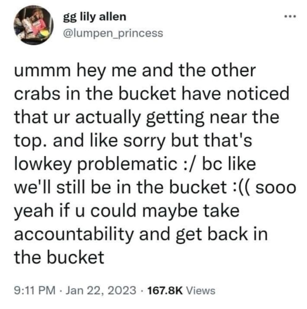 ummm hey me and the other crabs in the bucket have noticed that ur actually getting near the top. and like sorry but that's lowkey problematic :/ bc like we'll still be in the bucket :( sooo yeah if u could maybe take accountability and get back in the bucket