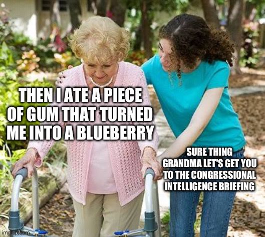 THEN I ATE A PIECE OF GUM THAT TURNED ME INTO A BLUEBERRY
SURE THING
GRANDMA LET'S GET YOU TO THE CONGRESSIONAL INTELLIGENCE BRIEFING