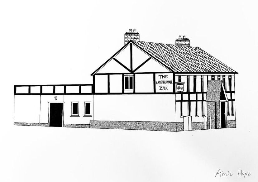 A black and white sketch of an old country pub, the Faughanvale Bar.