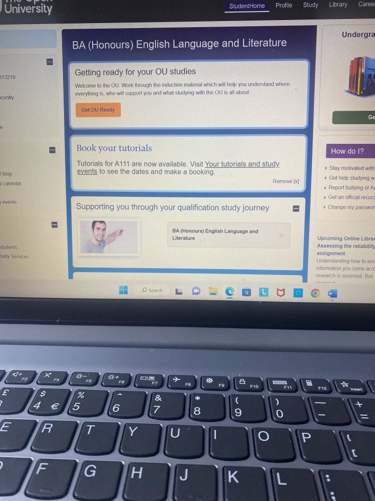 A photo of the Open University website student home page for their English Language and Literature degree.