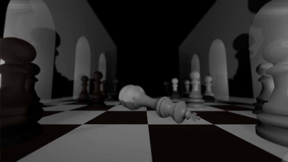 a cgi chess board with a fallen over king