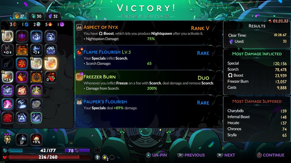 Hades 2 victory screen showing a win on 32 Fear, downstairs (weapon is Aspect of Nyx)
