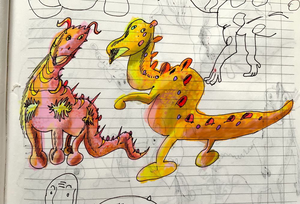 a pair of fantastical dragon-dinosaur cartoon animals. they are loose ink drawings photographed in a sketchbook and colored digitally