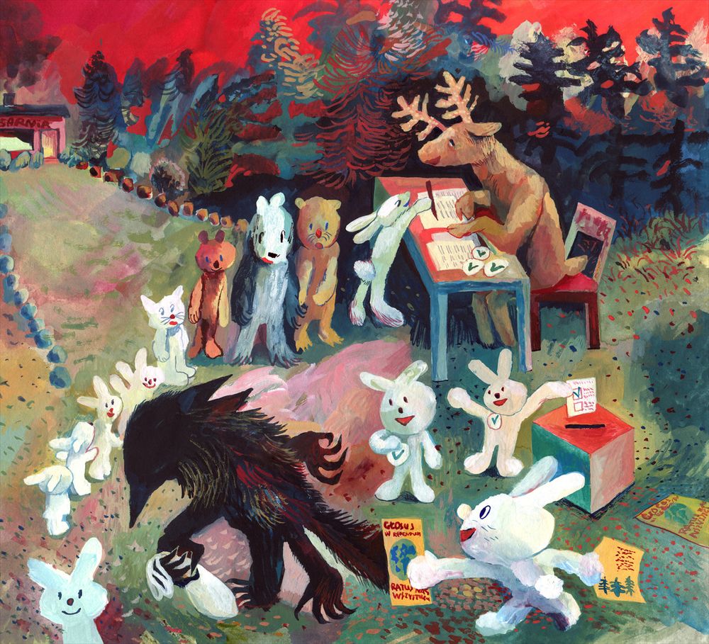 gouache illustration. a bunch of cartoon animals in line to a polling station. they're in a mostly natural environment, on the outskirts of a forest, in a grass. the station is just a deer distributing ballots at a table and a ballot box close by
