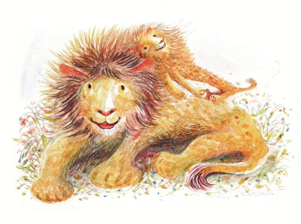 spot illustration in watercolor: a smiling maned lion is laying down on the ground, with a small cub on his back who is also maned