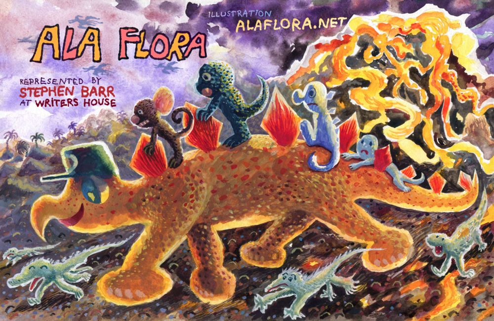 gouache illustration: a cartoon stegosaurus is carrying bunch of smaller critters on their back. unless you're a stickler for dinosaur anatomy, in that case let's say it's a four-legged cartoon reptile with a hooked beak and a row of plates sticking outta their back. there's some lava flows in the background so maybe the bunch is scurrying away from that. some smaller lizards are running along all around. my name and other info is superimposed into the composition because it's the kidlit art postcard day