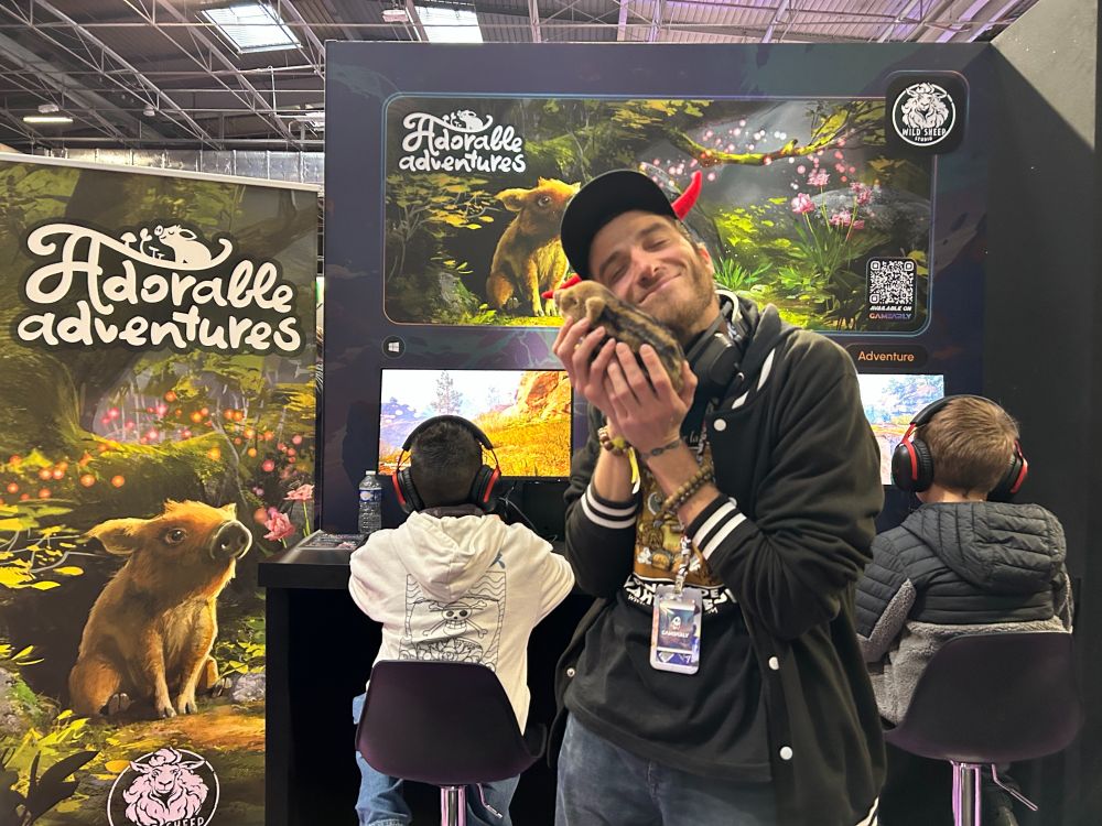 Person hugging a baby boar plushie