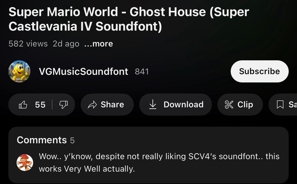 screenshot of youtube video "super mario world ghost house with super castlevania 4 soundfont" with a comment that says it's good even if they don't like the super castlevania 4 soundfont 