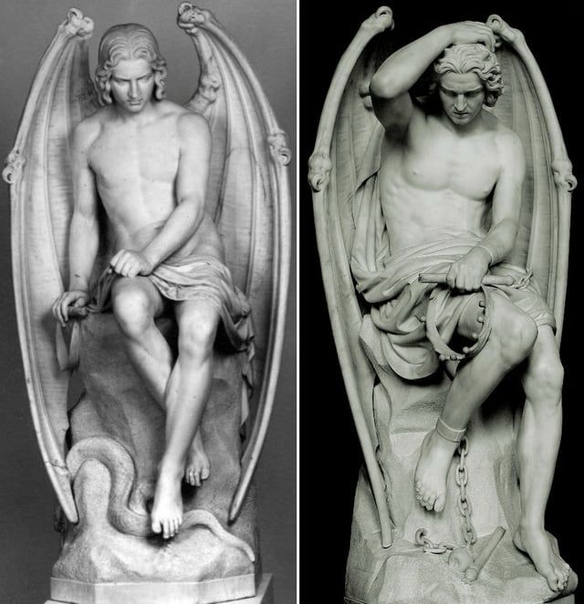 On the left: a statue of Lucifer by Joseph Geefs, made for Liège cathedral but rejected for being too sexy. On the right: its replacement, made by his brother; arguably even sexier (and in chains) although a little bit more modest.