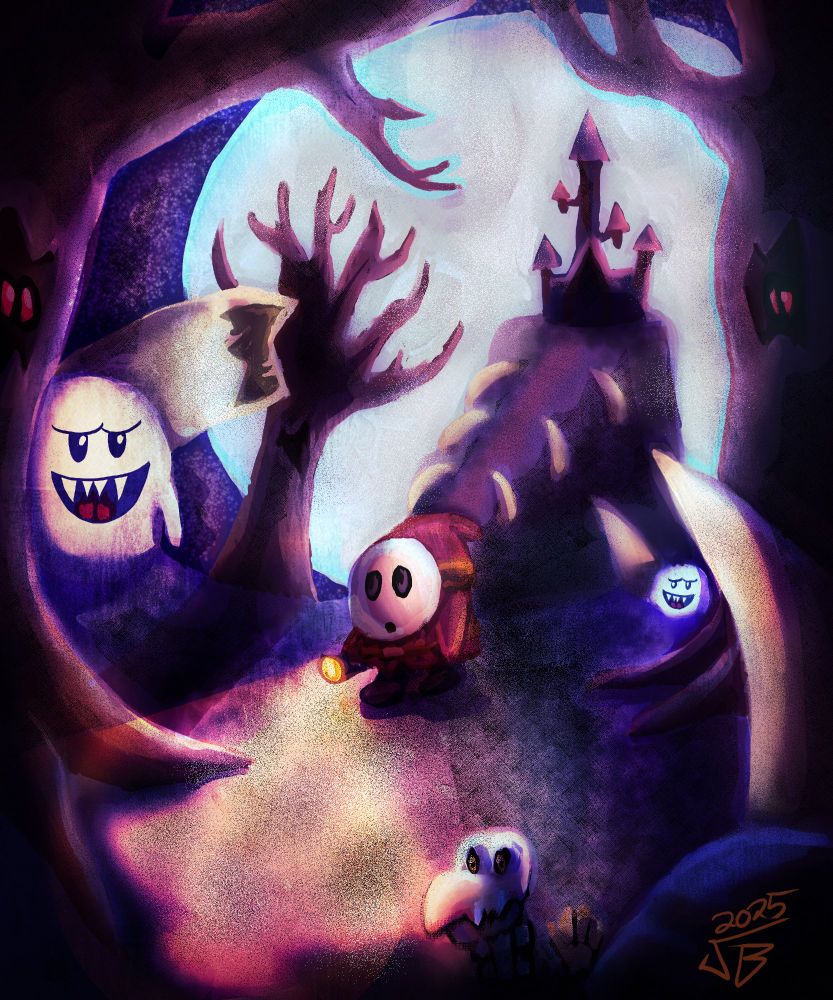 A Painting of Shy guy exploring the haunted woods of nintendo 