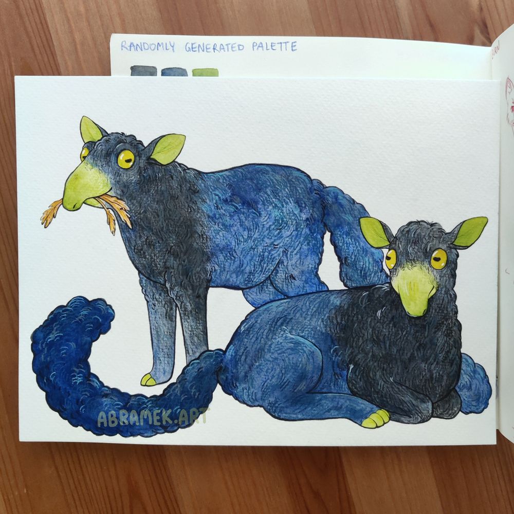 Drawing of two quadrupedal creatures. They both have fluffy bodies, and long fluffy tails, big ears, large green eyes and green snoots. One of them is chewing on hay, the other one is lying on the ground.