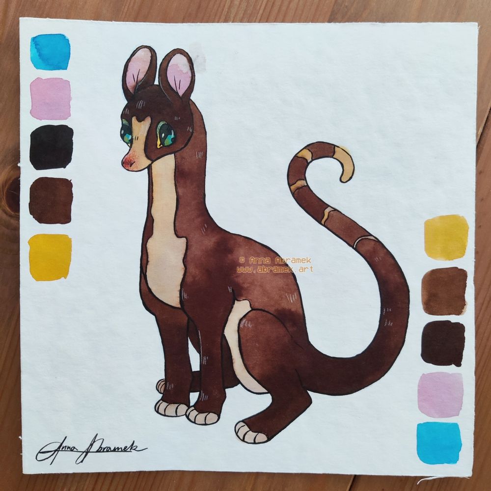 A slim quadrupedal canine with large, round and perky ears, and a very long tail with short hair.  Its fur is brown with pale markings on the face, belly, toes and tip of the tail.