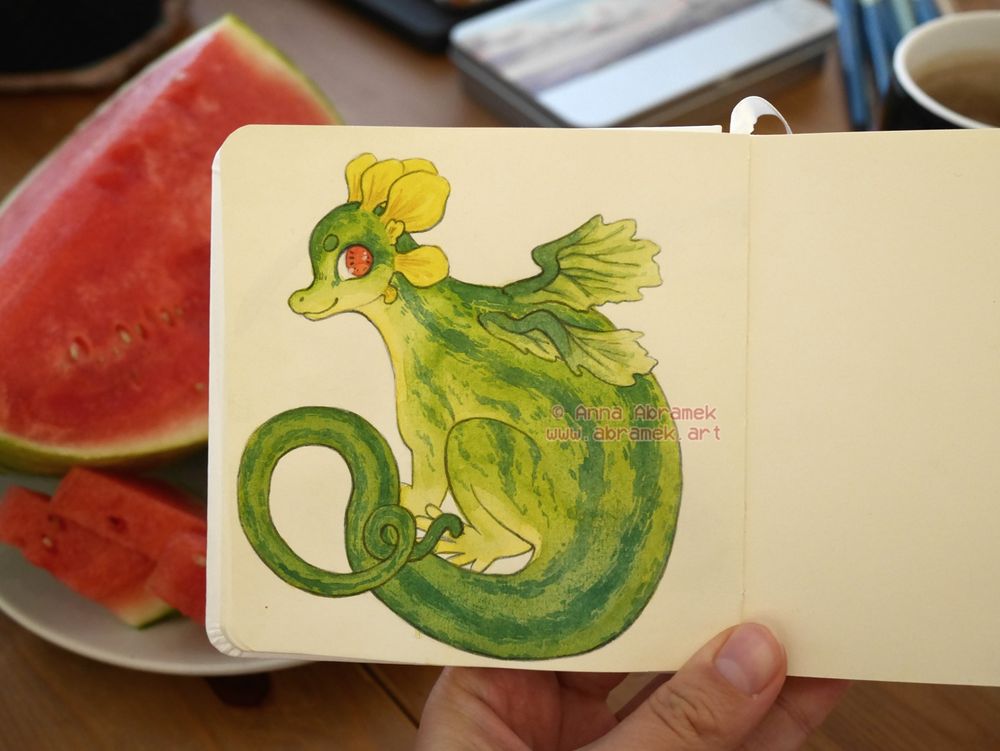 Watercolour drawing of a sitting cute dragon. She is green and yellow, with darker stripes like a watermelon. her wings have ragged edges like watermelon plant's leaves. Her ears and horns on the head are shaped like watermelon flower petals. Her eyes are bright red.
