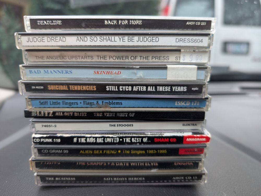CDs by Deadline, Judge Dread, the Angelic Upstarts, Bad Manners, Suicidal Tendencies, Stiff Little Fingers, Blitz, the Stooges, Sham 69, Alien Sex Fiend, the Cramps, and the Business. 