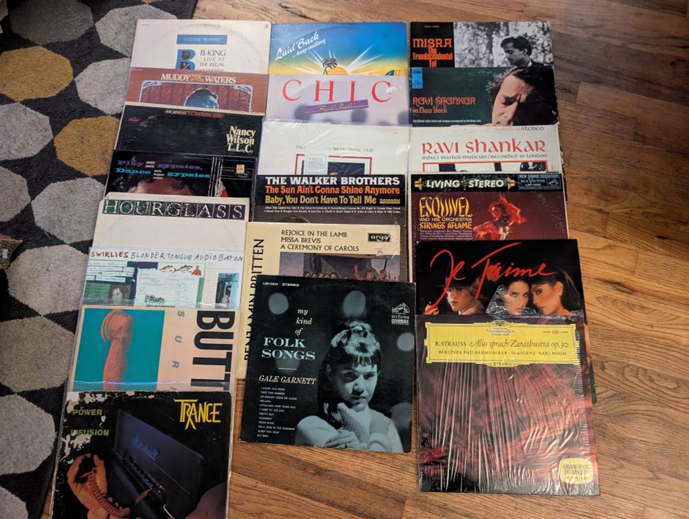 Albums by BB King, Muddy Waters, Nancy Wilson, Sandor Lakatos, Hour Glass, Swirlies, Butthole Surfers, Trance, Laid Back, Chic, Gyuto Monks, Walker Brothers, Benjamin Britten, Gale Garnett, Tal, Ravi Shankar, Esquivel, Saint Esmeralda, and Richard Strauss