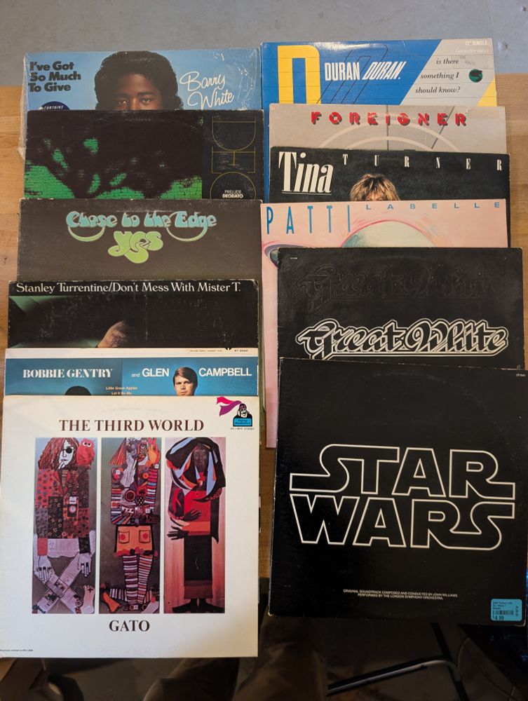 LPs by Barry White, Deodato, Yes, Stanley Turrentine, Bobbie Gentry & Glen Campbell, Gato Barbieri, Duran Duran, Foreigner, Patti LaBelle, and Great White, as well as the Star Wars soundtrack 