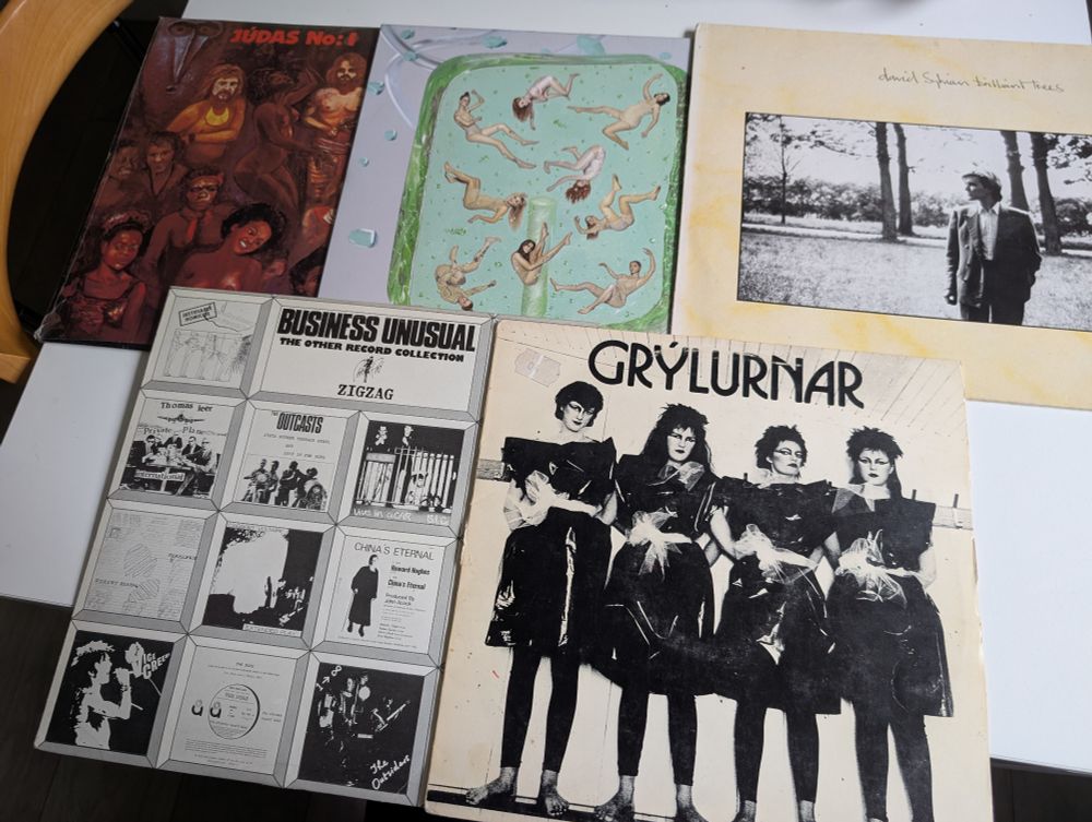 Albums by Judas No. 1, Daughters of Reykjavik, David Sylvian, and Grylurnar, as well as a comp called BUSINESS UNUSUAL: THE OTHER RECORD COLLECTION 