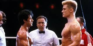 Rocky and Ivan Drago standing off pre-fight in Rocky IV
