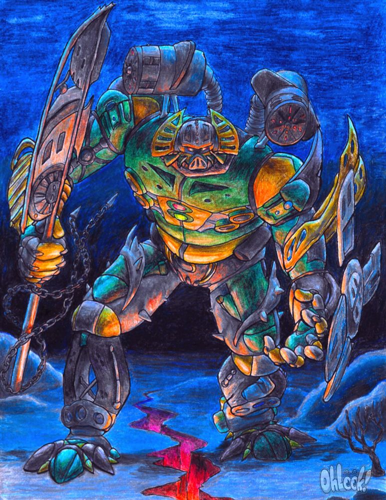 A giant robotic being stands above an underwater chasm, illuminated by the magma within. He wields a chained glaive and a segmented shield.