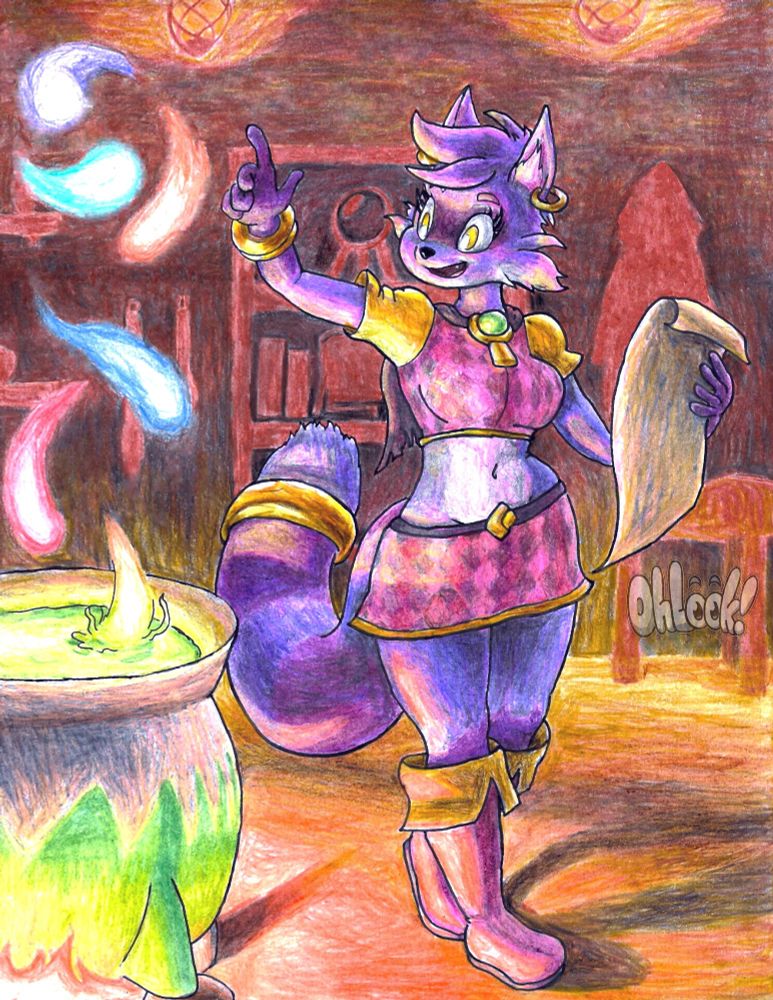 A purple, anthropomorphic tanuki witch guides swirling lights into a bubbling cauldron. She is surrounded by magical paraphernalia.
