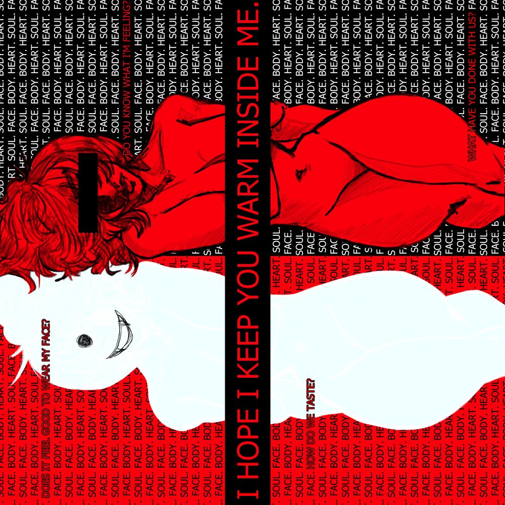 A piece of artwork using red, black, and white palettes describing my OC's feeling regarding feelings of autonomy.

Text is used as a texture for the piece, with the repeating phrase "HEART. SOUL. FACE. BODY." laced with other text in question form. 

"Does it feel good to wear my face?"
"Do you know what I'm feeling?"
"How do we taste?"
"What have you done with us?"

And in the middle, it says, "I HOPE I KEEP YOU WARM INSIDE ME."