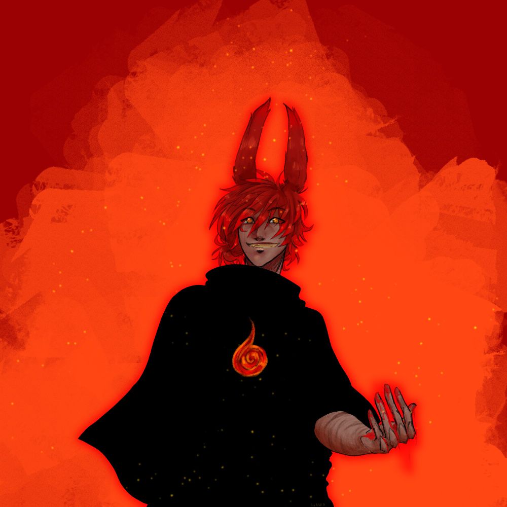 A red, orange, and black drawing of my friend Dwells' viera -- Lain. 