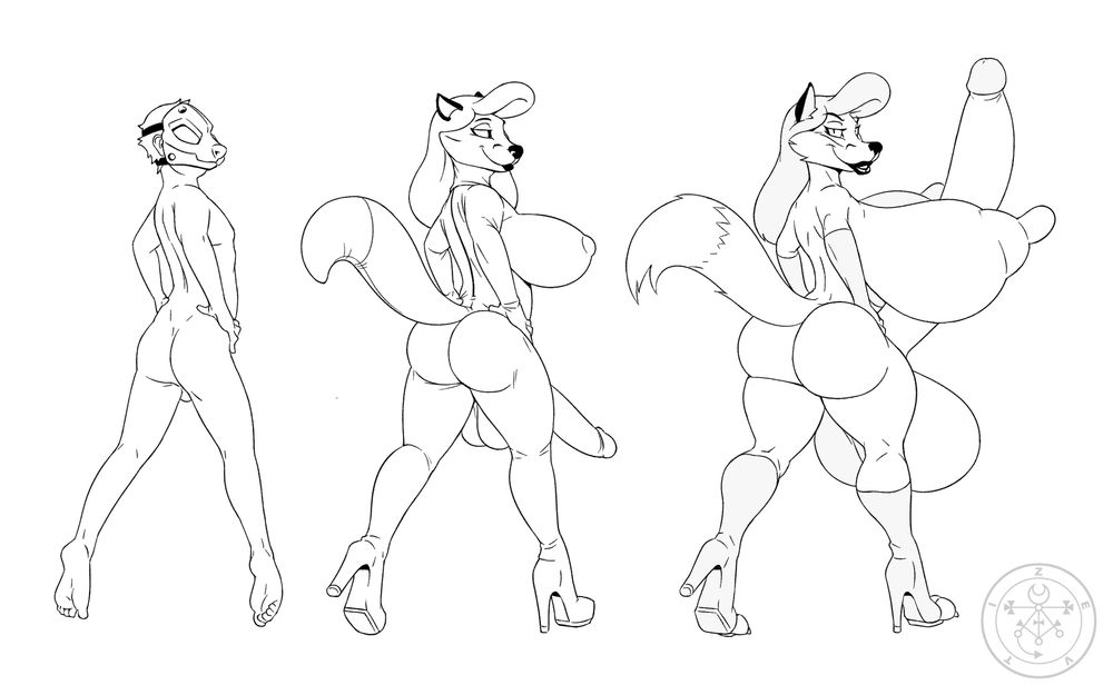 A diagram depicting 3 stages of a costume transformation.

1. Shows a naked man wearing a fur suit head shell.
2. Shows the man covered in a full latex fox herm costume with built in breasts, cock, and high heels.
3. Shows a fully transformed fox herm with Doug Winger inspired hyper cock. 

#hyper #hyperfur #furryart #nsfw #furryTF #transformation #fox #herm #greyfur #oldfurry