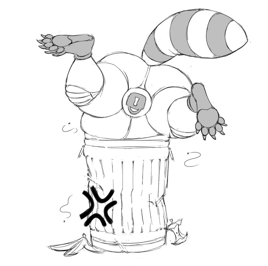 Mr. Trash panda stuck in his suit, upside down and stuck in a metal trash can.