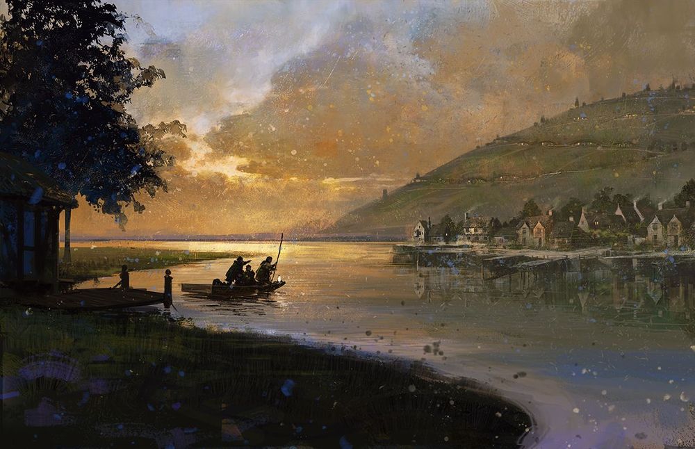 A sunset riverscape showing hobbit holes on the background. 