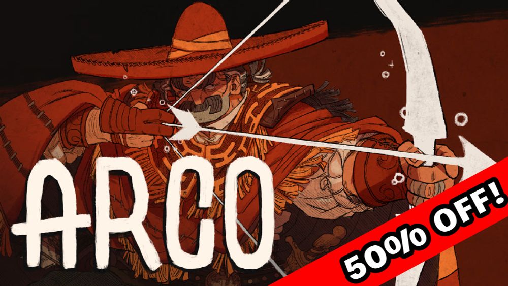 Tizo from Arco ready to shoot an arro, big ARCO logo and a 50% off tag
