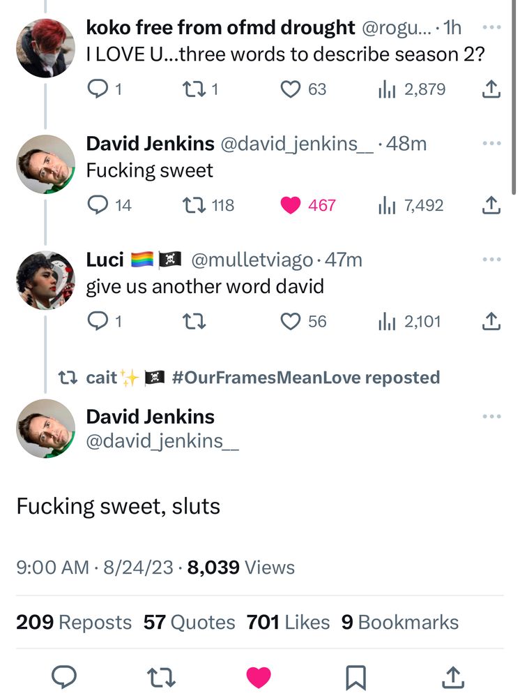 Screenshot of OFMD creator David Jenkins describing season 2 as “fucking sweet, sluts”