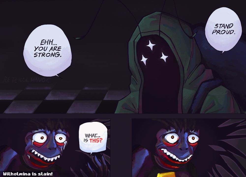 Redraw of the “Stand Proud” manga panel from Jujutsu Kaisen with Morton and Wilhelmina. 