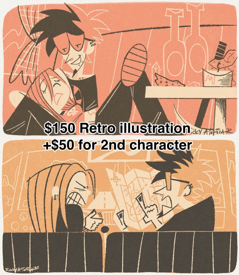 $150 retro illustration, +$50 for 2nd character