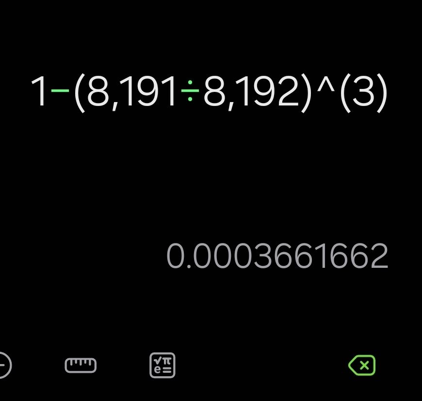 Screenshot of calculator app reading the expression of one minus the result of eight-thousand one hundred ninety one divided by eight-thousand one hundred ninety two cubed. The result is then 0.0003661662 or 0.036 percent