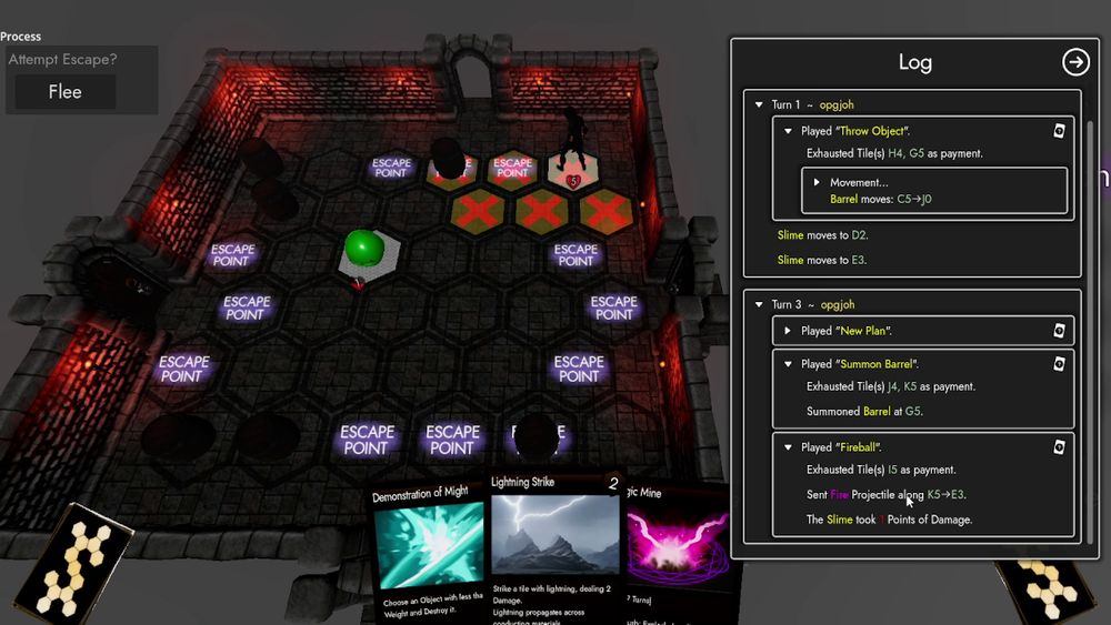 A screenshot of a 3D digital card game, in which a spellcaster fights in a room (with barrels lining the walls) against a green slime monster. A battlelog is shown, which has entries for every action taken so far. The mouse hovers over an entry mentioning a projectile moving between two spots, and the respective points in the 3D-view are marked in white.
